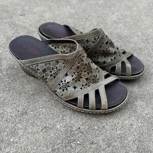 Pikolinos‎ Women's Green Leather Wedges Size 39 Floral Laser Cut Open Toe 8.5